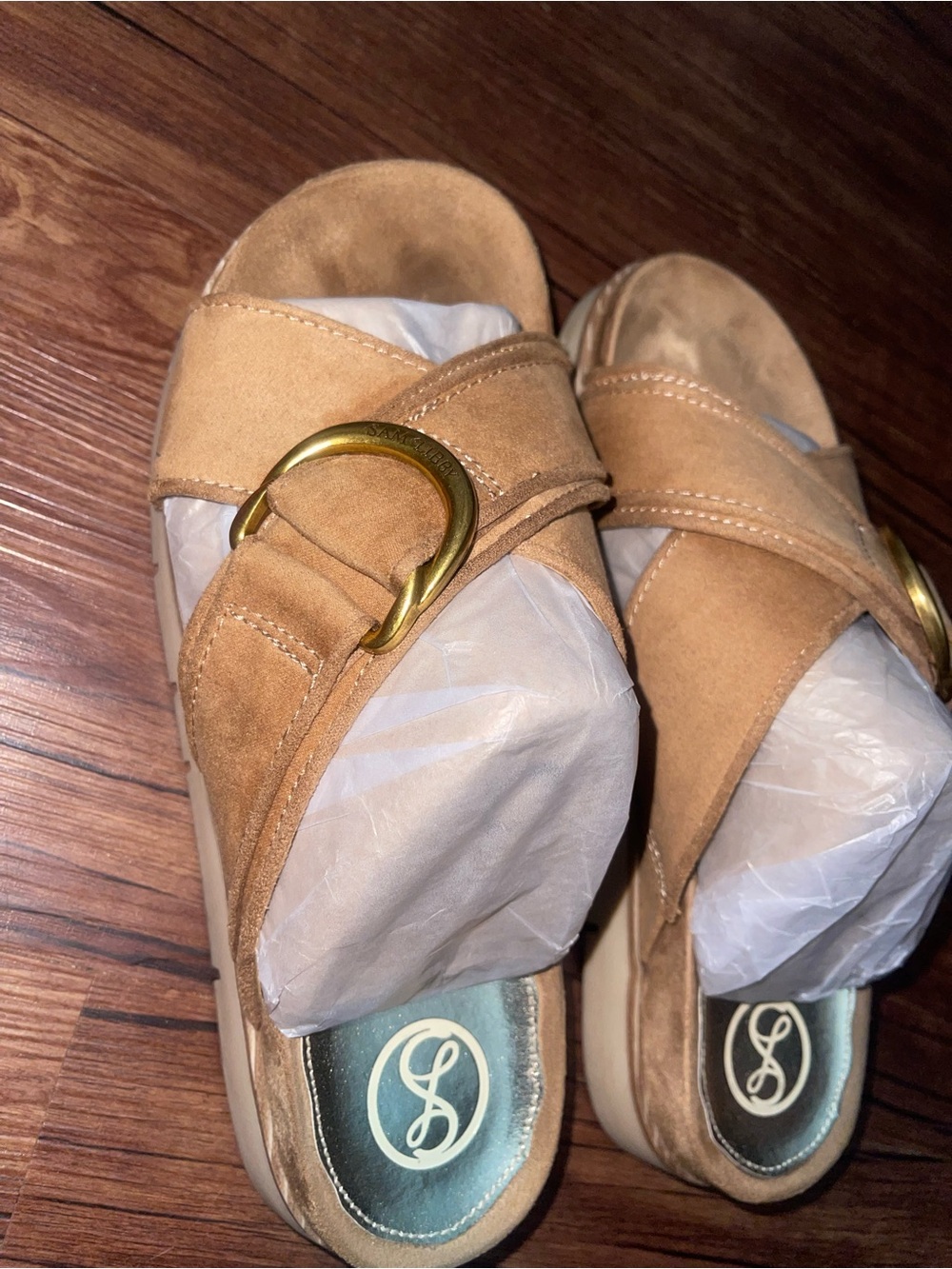 Tan Suede Slide Mules with Gold Buckle